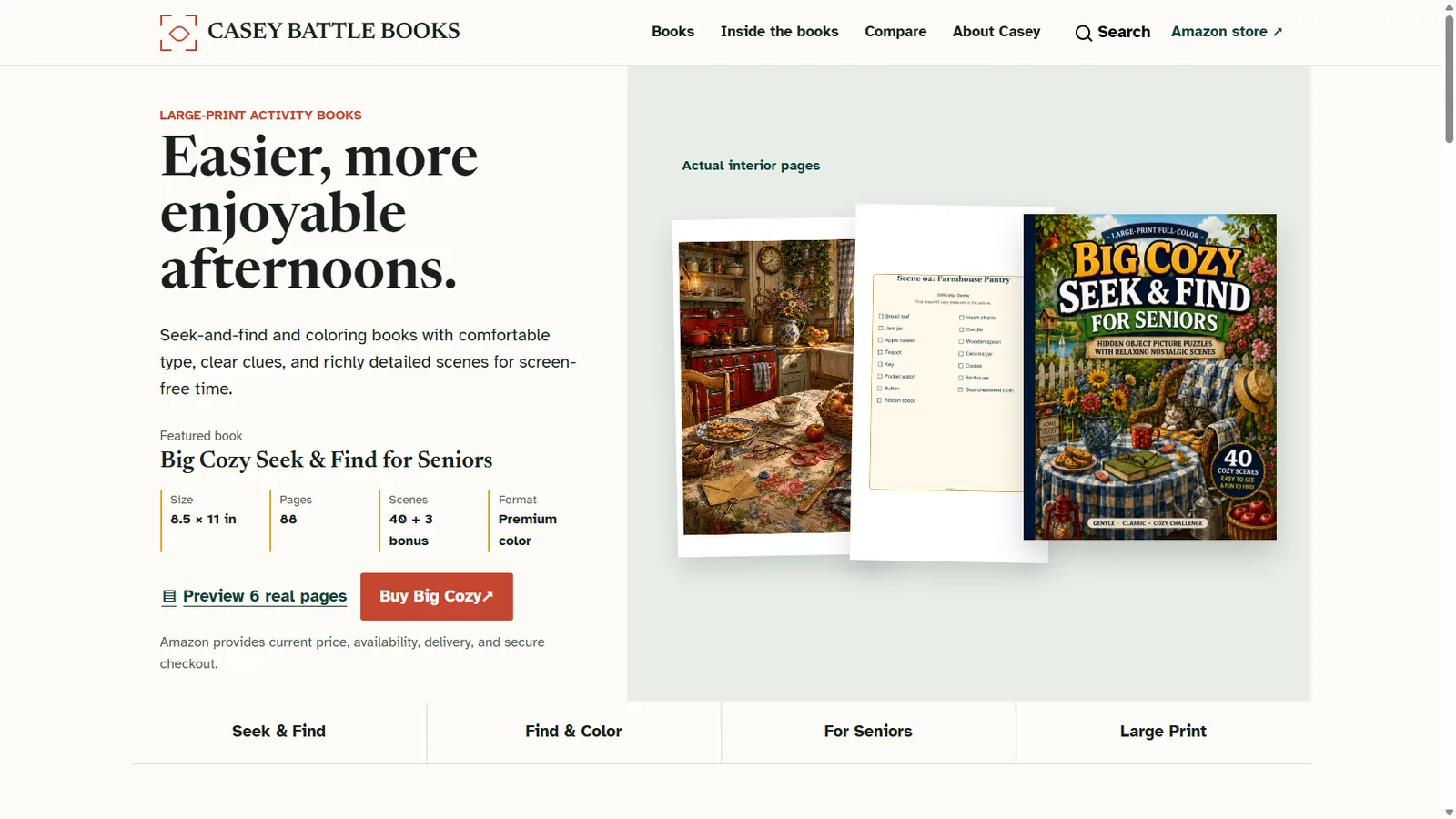 Casey Books website showing large-print activity books and real interior page previews