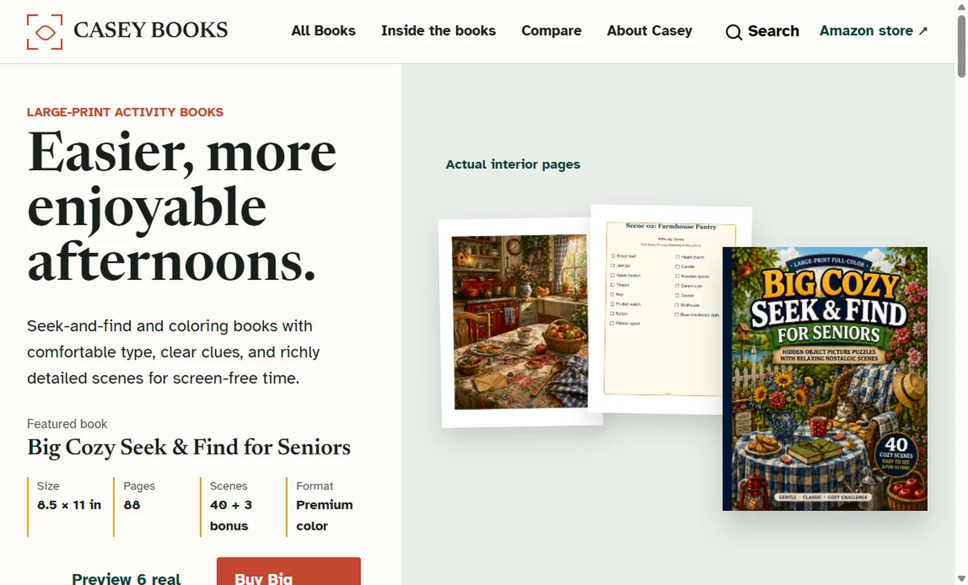 Casey Books homepage leading with real book covers and interior page previews