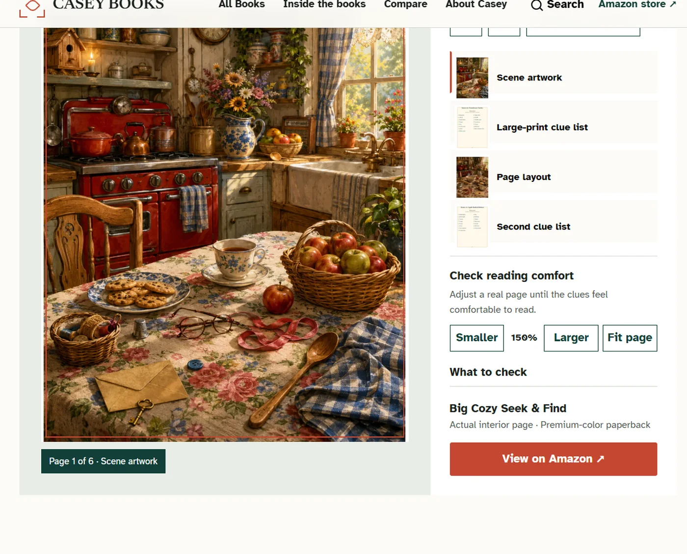 Casey Books page proof interface with scene selector and reading-size controls